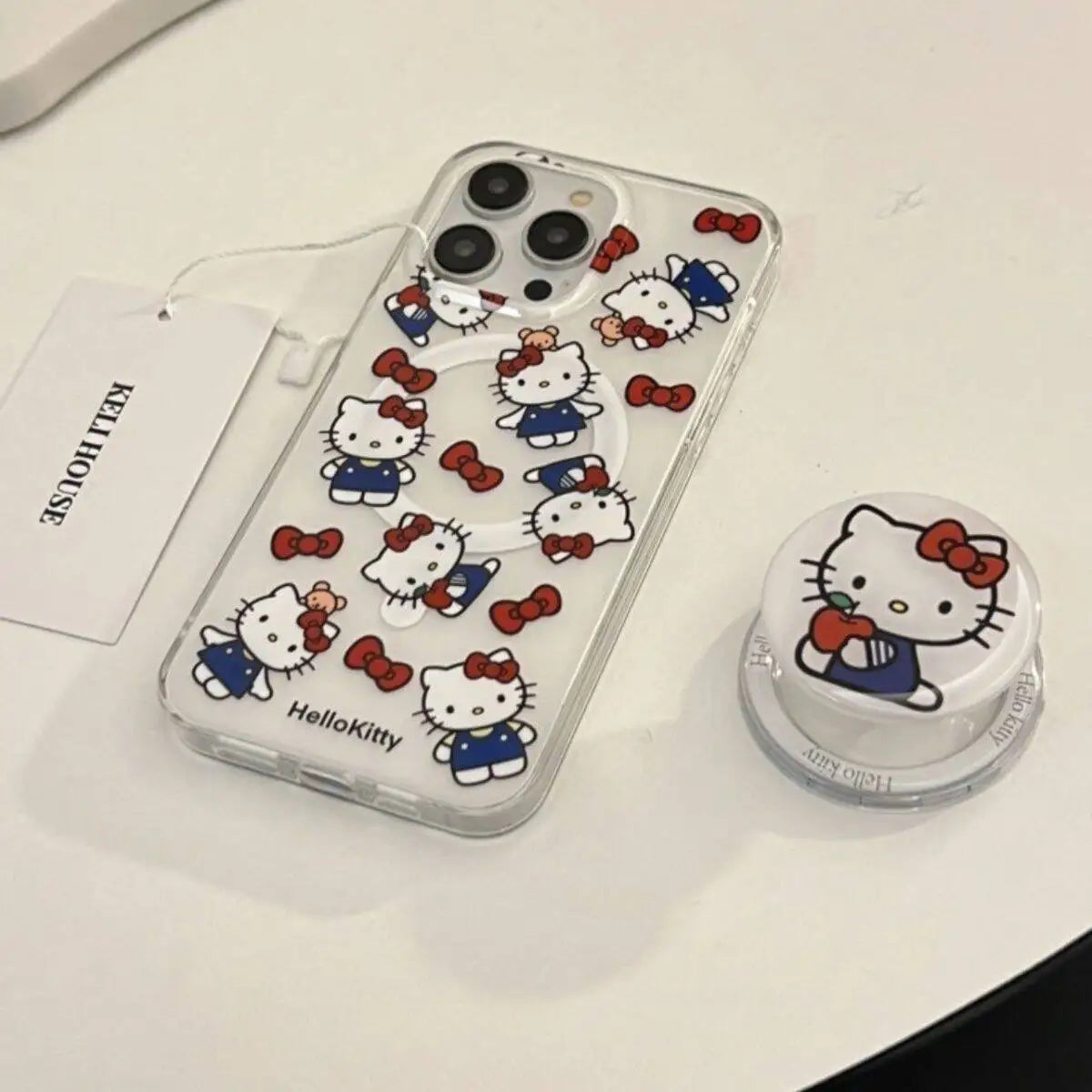 Cute Hello Kitty Magnetic Grip Holder Magsafe Wireless Charge Phone Chain Case For iPhone 16 15 12 Pro Max 14 Plus 13 Mini Cover