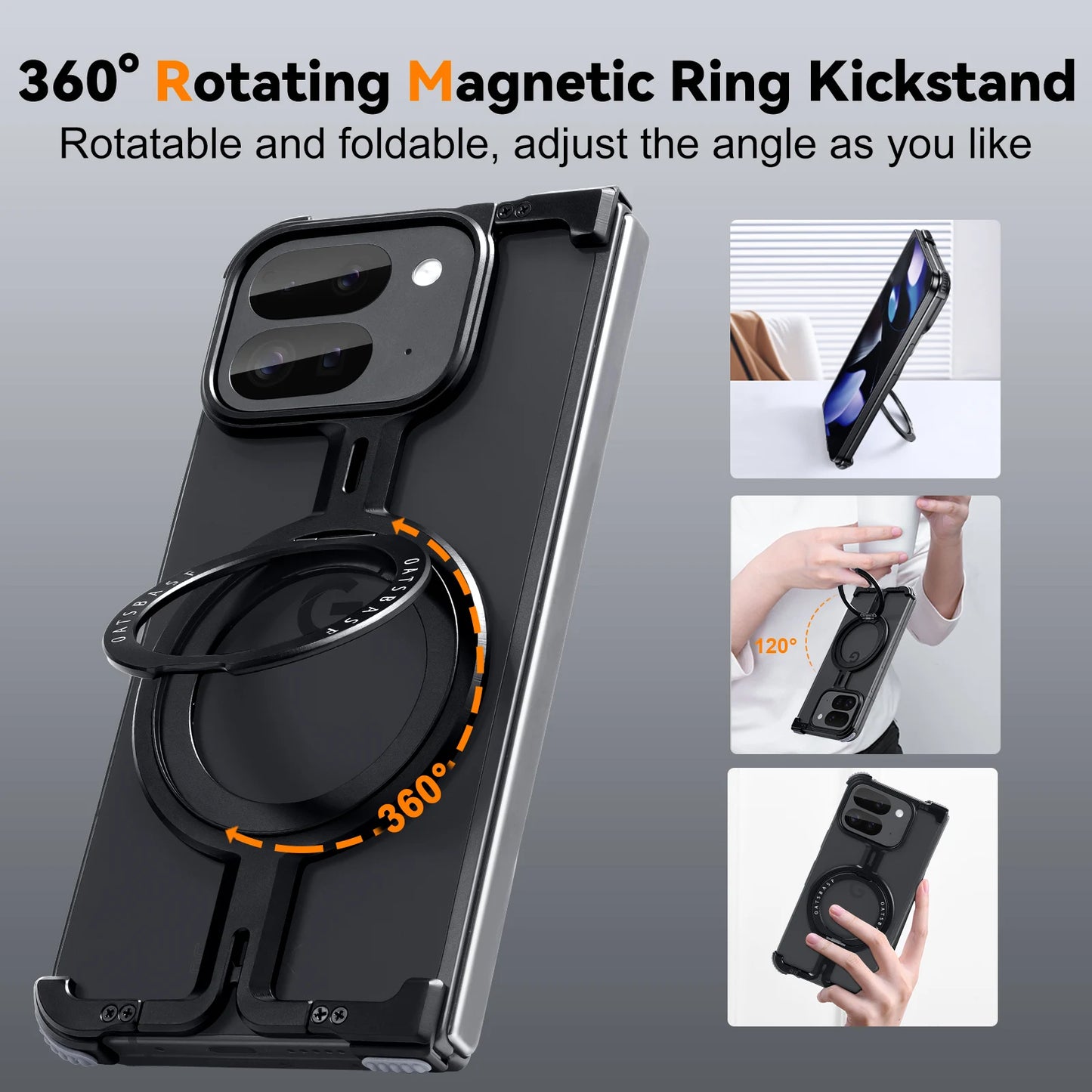Eary for Google Pixel 9 Pro XL Fold Metal Phone Case With 360° Rotatable Magnetic Kickstand Frameless Bumper Shockproof Covers