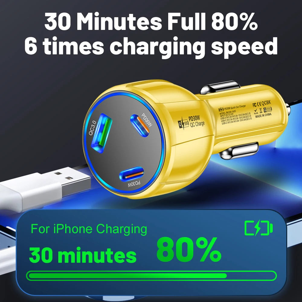 3 Ports PD Car Charger 90W Fast Charging USB QC3.0 Type C Car Phone Charger For iphone 15 Samsung Huawei Xiaomi Adapter in Car