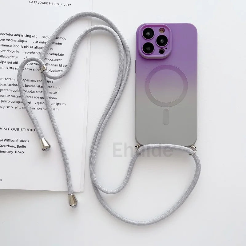 Crossbody Lanyard Case For Magsafe iPhone 16 14 13 12 Pro Max 11 15 Plus Magnetic Gradient Color Camera Protect Shockproof Cover