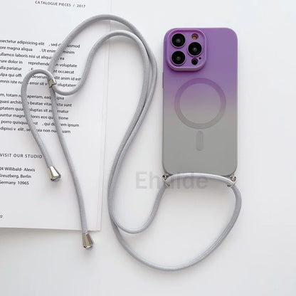 Crossbody Lanyard Case For Magsafe iPhone 16 14 13 12 Pro Max 11 15 Plus Magnetic Gradient Color Camera Protect Shockproof Cover