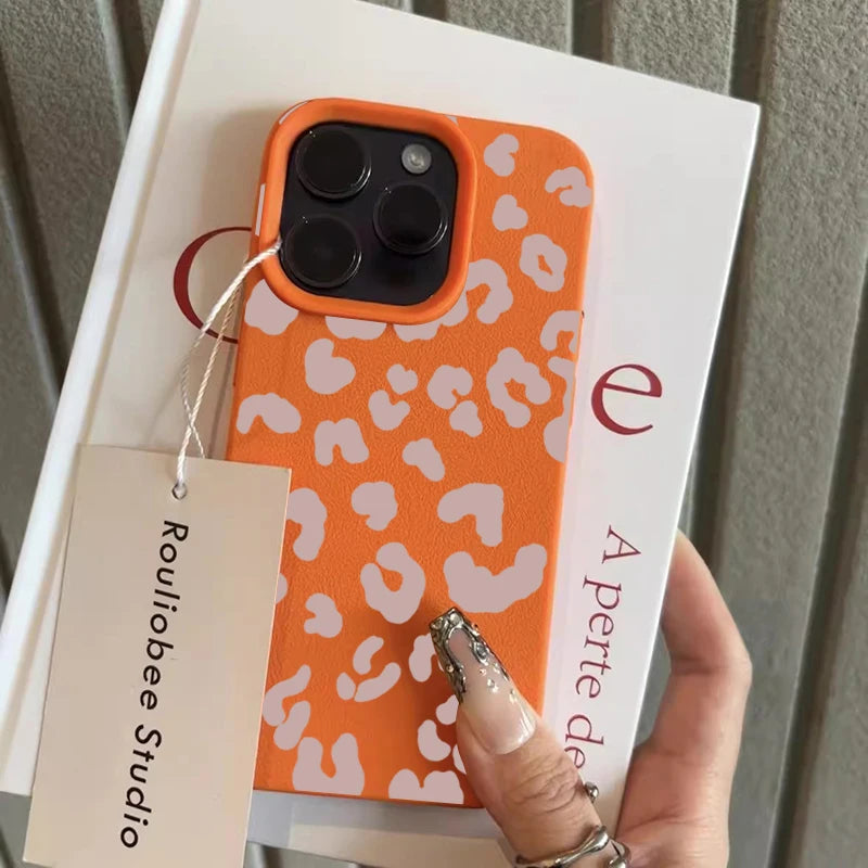 For iPhone 17 16 15 14 13 12 11 Pro Max Case Pink Leopard Print Lichee Pattern Silicone Cover For iPhone XS X XR 16 Plus Fundas