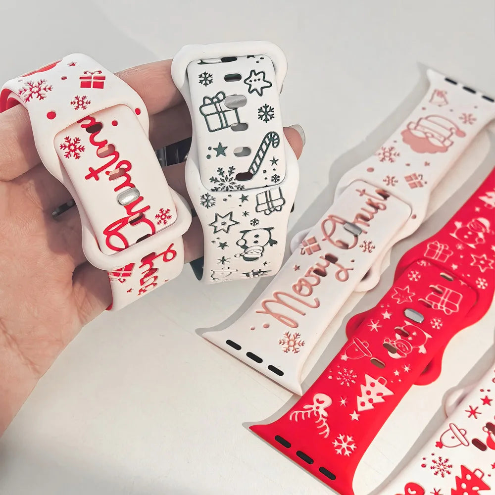 New design Christmas Band for Apple Watch Series 11 10 9 8 7 6 5 SE strap Engraved silicone Ultra 3-2 49mm 40-41-42-44mm 45-46mm