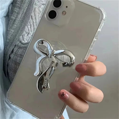 Korean Cute Silvery Bowknot Griptok Clear Phone Finger Ring Holder Stand Support For iPhone Samsung Foldable Socket Girl Bracket