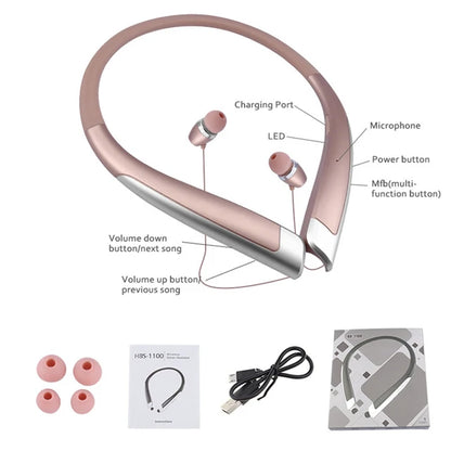 HBS-1100 Stereo Bluetooth Headphone Binaural Hand-free Neckband Earphones Fashion Mini Wireless Headset Binaural Universal