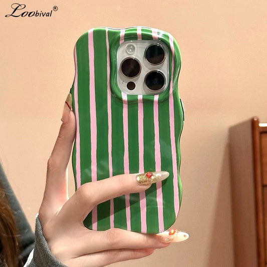 Luxury Color Contrast Stripes Wave Case for iPhone 16 15 14 Pro Max 12 13 Colorful Curly Border Glossy Hard Ultra Slim Cover