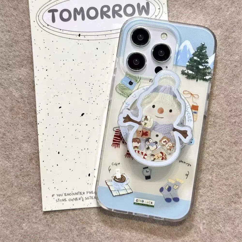Cute Christmas 3D Snowman Quicksand Cartoon for Magsafe Griptok Holder Phone Finger Ring Stand Support for IPhone17 Girl Bracket