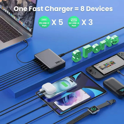 New 300W 8-port fast charging station type-c charger Multi-port USB mobile phone charger Convenient charger Home Office Travel