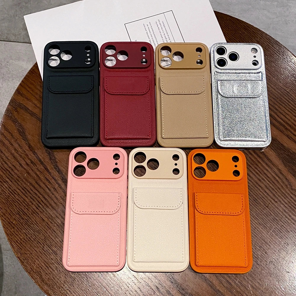 Card Slot Wallet PU Leather Bracket Case For iPhone 17 ProMax 17air 14 15 16 Plus 17 11 12 13 Pro Max Business Photo Clip Cover