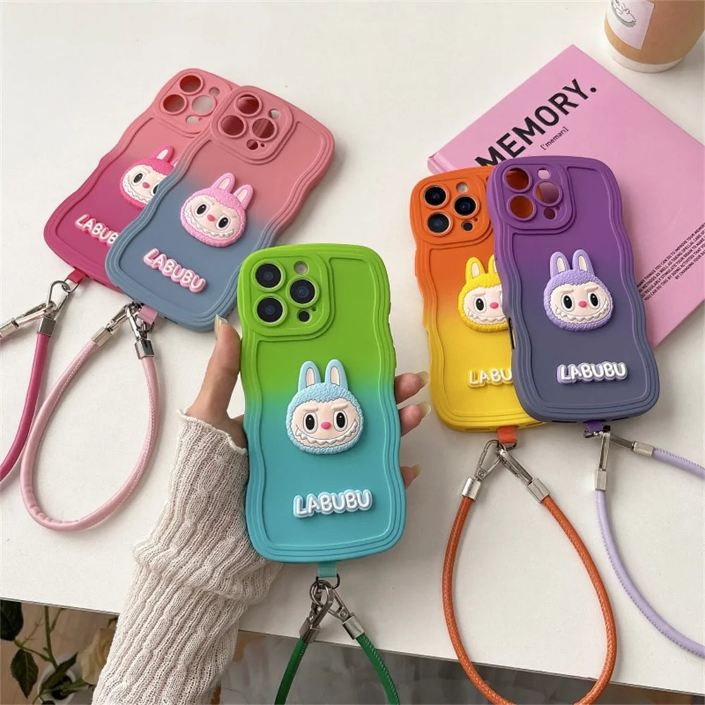 Cartoon Cute Animals Gradient Wavy Soft Phone Case with Wrist Strap For iPhone 16 Pro Max 16e 15 14 Plus 13 12 11 X XR XS 7 8 6