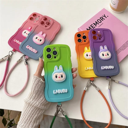 Cartoon Cute Animals Gradient Wavy Soft Phone Case with Wrist Strap For iPhone 16 Pro Max 16e 15 14 Plus 13 12 11 X XR XS 7 8 6