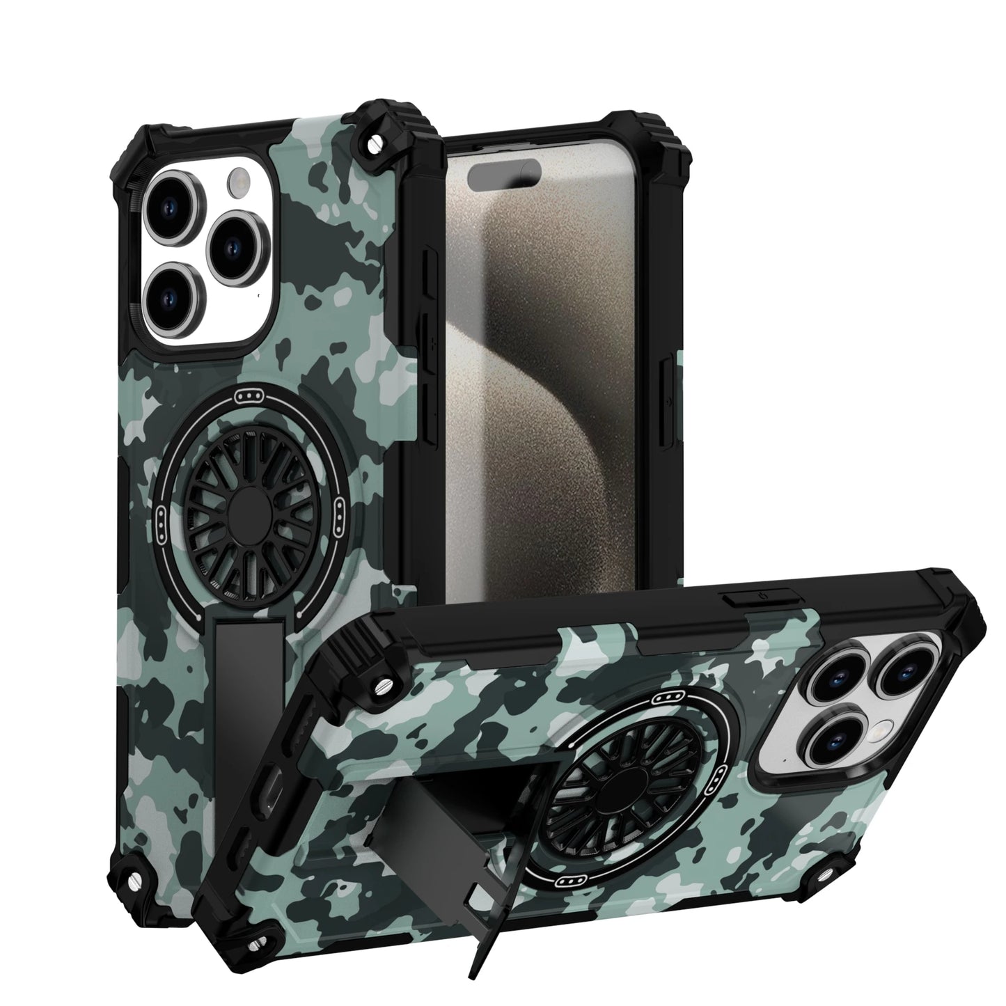 Camouflage Army Green Carbon Magnetic Phone Case Stand For Magsafe iPhone 16 15 PM 14 Plus 13 12 Pro Max 11 16e Protection Cover