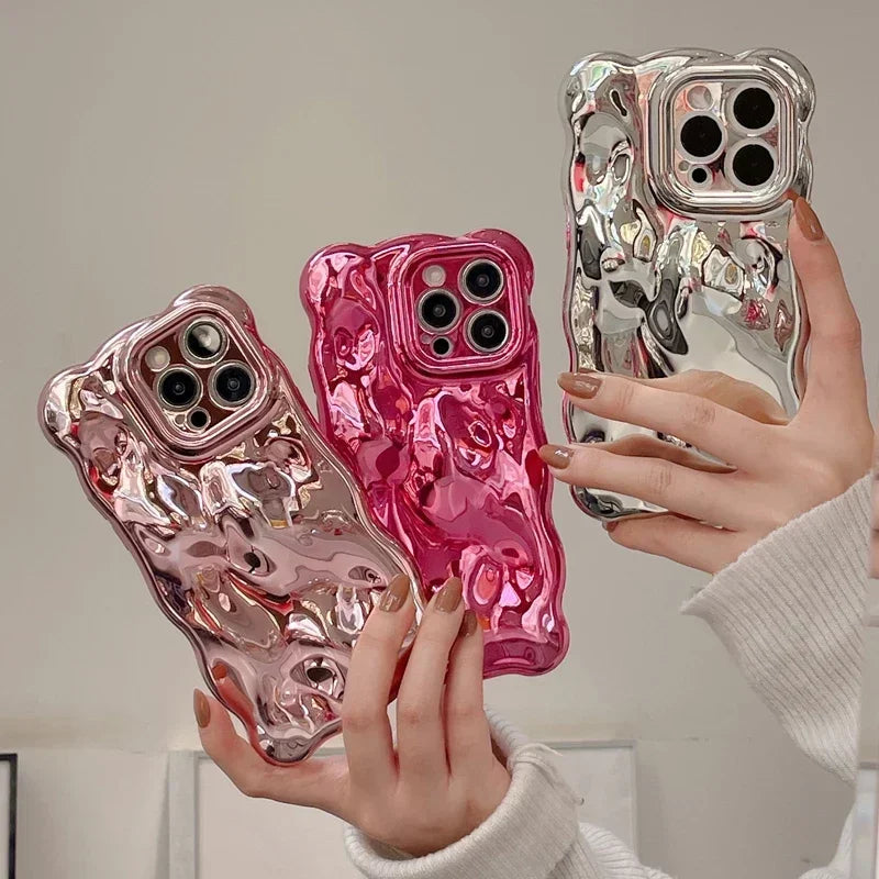 Luxury Plating Wrinkle Wavy Curly Edge Phone Case For iPhone 16 15 12 13 14 Pro Max 3D Unevenness Soft Camera Protection Cover