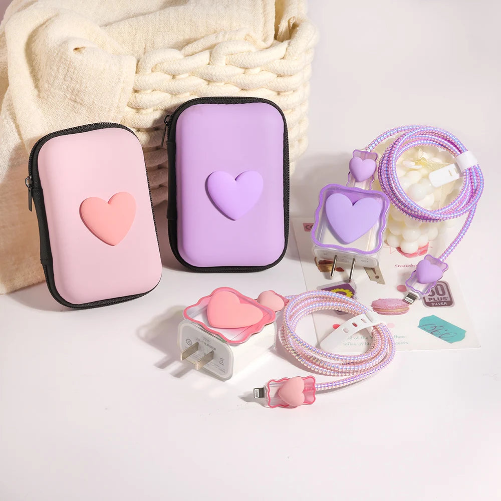 6PCS 3D Love Heart Silicone Charger Cable Protector Case Storage Bag For iPhone 20W 18W Charging Head Protective Cover Organizer