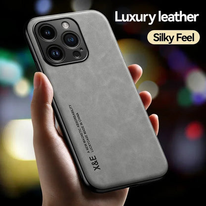 Luxury Leather Case For iPhone 16 16e 15 14 13 12 11 Pro Max Plus 12 13 Mini X XS SE 8 7 Cover With Metal Plate Support Car Hold