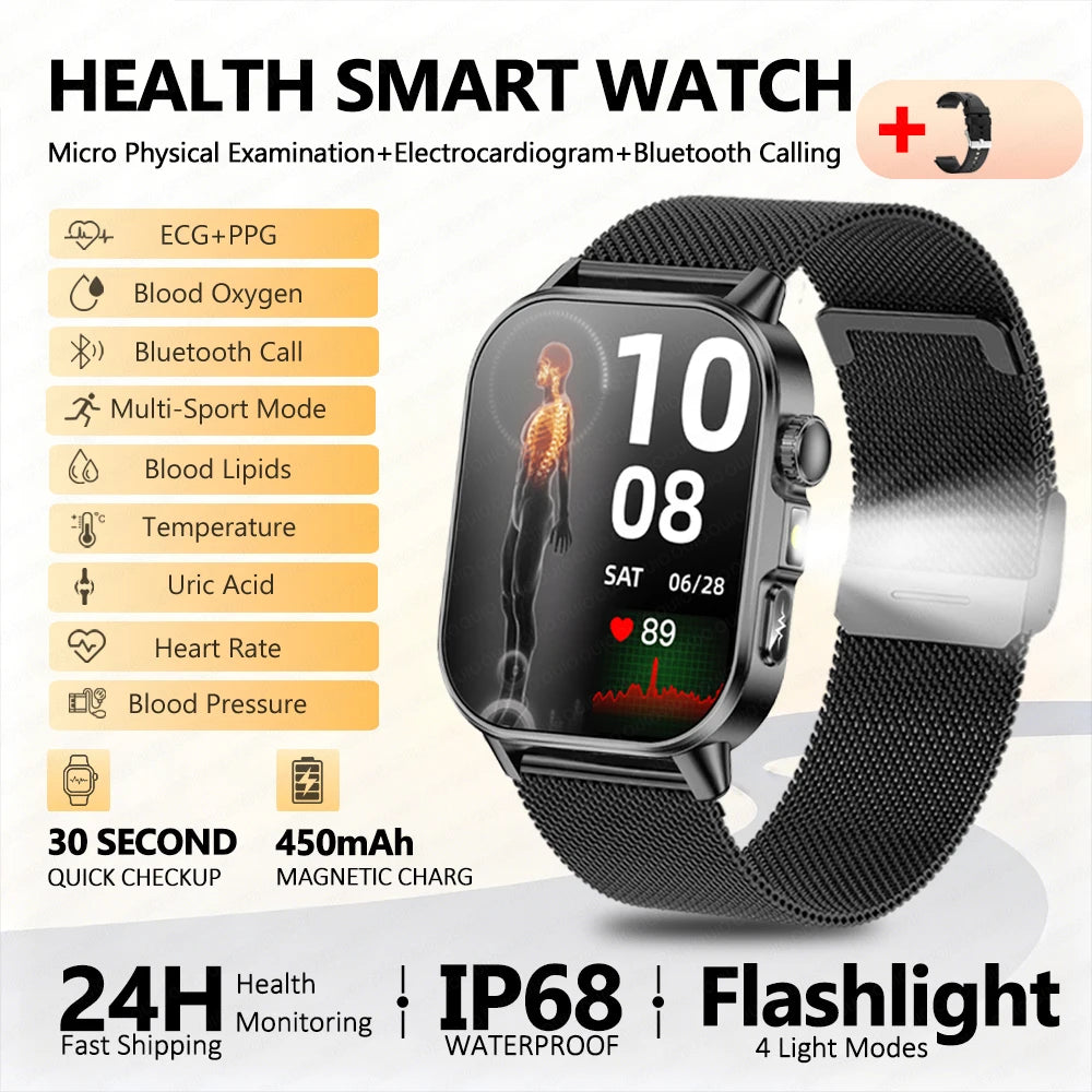 2026 New ECG Smart Watch Blood Pressure Blood Oxygen Uric Acid Monitoring IP68 Waterproof 450mAh Health Smart Watch Men Women