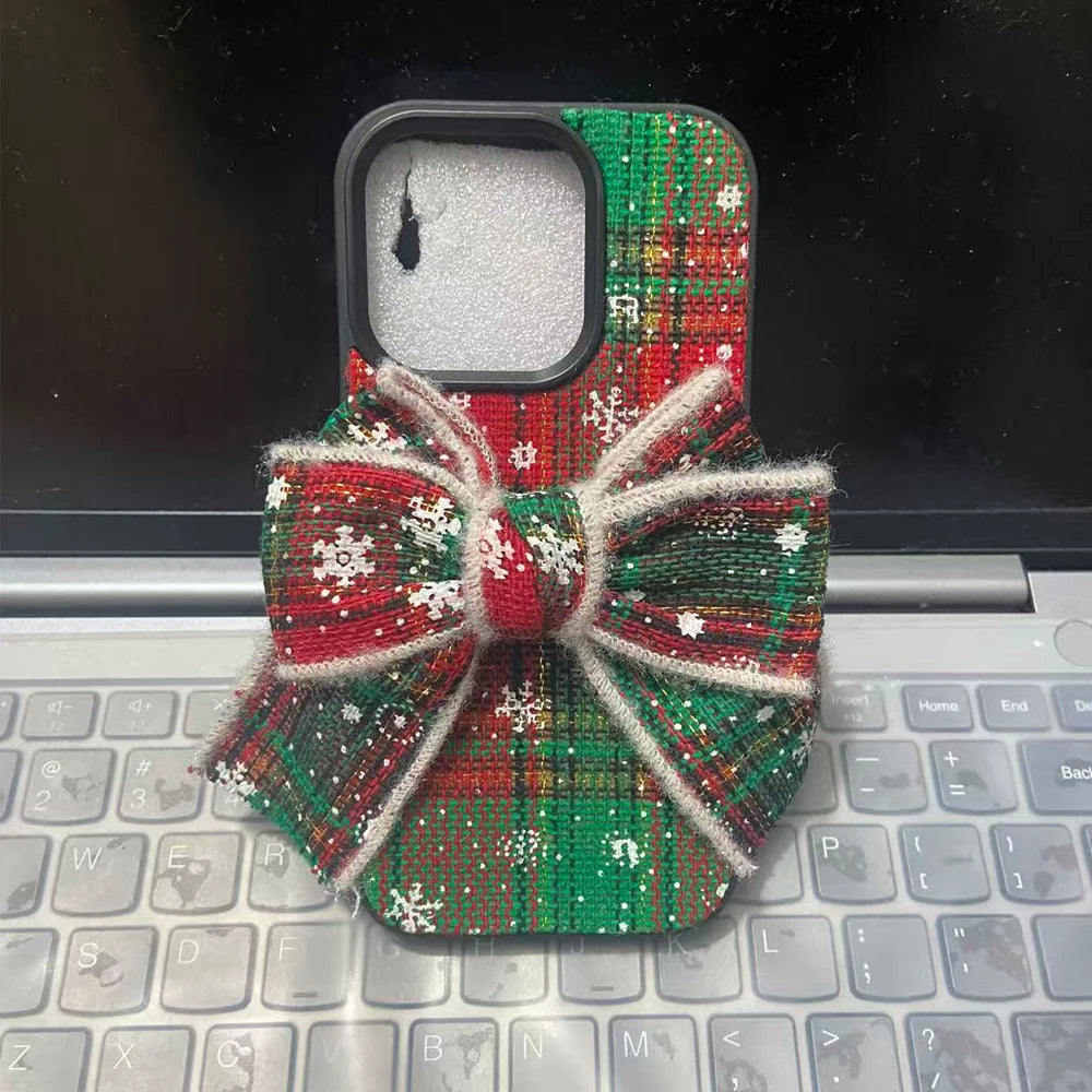 3D knitted Christmas  Bowknot Plaid Pattern Cartoon Cute With Bracelet Phone Case For iPhone 15 14 13 16 Pro Max Bumper Cover