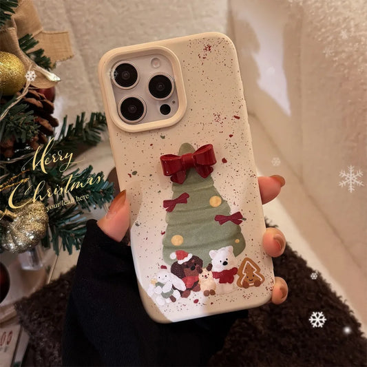 ins Korean 3D Bow Christmas Tree Phone Case For iPhone 16 Pro 15 14 13 12 11 Soft Shockproof Protective Cover For iPhone 15 Pro