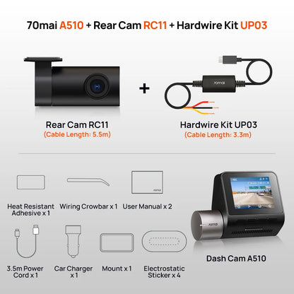 70mai Dash Cam A510 1944P HDR GPS ADAS 4G Connectivity 70mai 4G Front Cam A510 Car DVR 24H Parking Support Rear Cam
