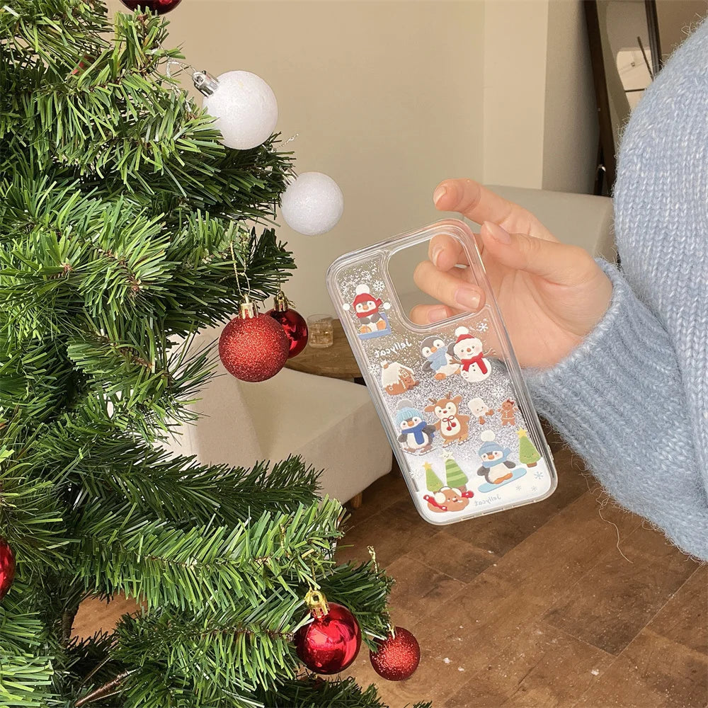 Cute Cartoon Santa Claus Snowman Shake Quicksand 3D Bling Glitter Phone Cover For iPhone 16 14 13 15Pro Max Christmas Case