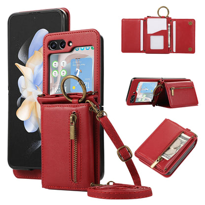 Crossbody Zipper Cards Solt Wallet Leather Case For Samsung Galaxy Z Flip 7 FE 6 5 4 Ring Holder Triple Fold Lanyard Stand Cover