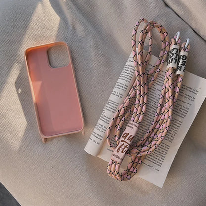 Fashion Crossbody Lanyards Necklace Liquid Silicone Case For iPhone 16 15 14 13 11 12 Pro Max Mini XS XR X 8 7 Plus Matte Cover