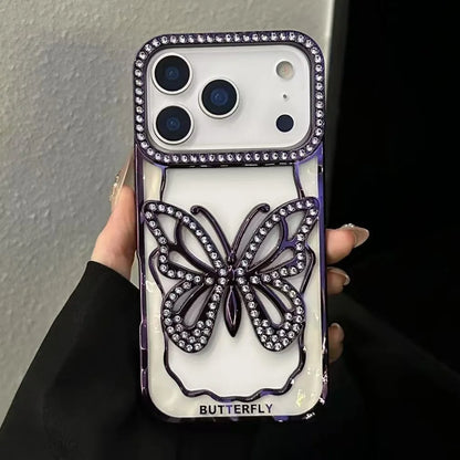 Plating Butterfly Hollow Glitter Diamond Case For iPhone 17 16 15 14 13 Pro Max Plus Bling Sparkling Rhinestone Shockproof Cover
