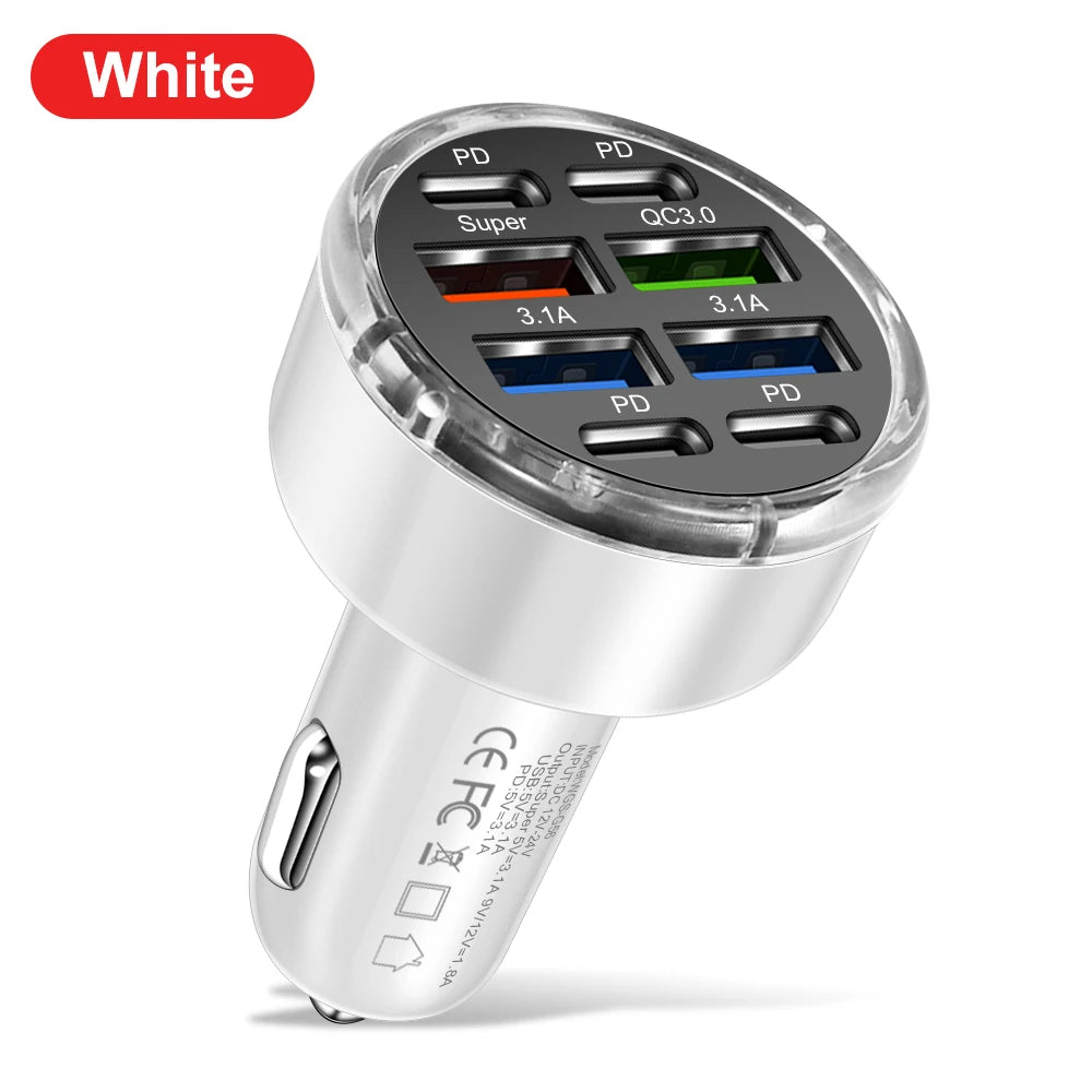 150W 8 Ports Car Charger Fast Charging PD QC3.0 USB C Car Phone Charger Type C Adapter in Car For iPhone Samsung Huawei Xiaomi