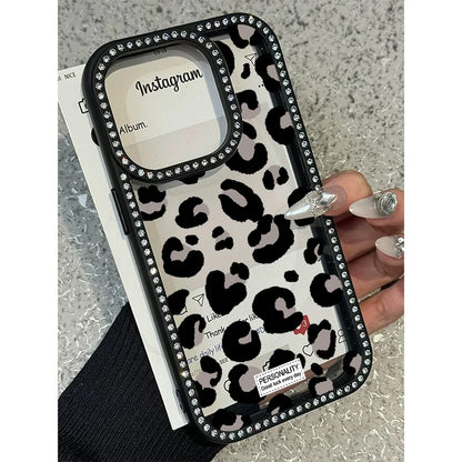 Pink Black Leopard Print Diamond Inlaid Frame Plain Case for iPhone 16 15 14 Plus 13 12 11 Pro Max Acrylic Silicone Hard Cover
