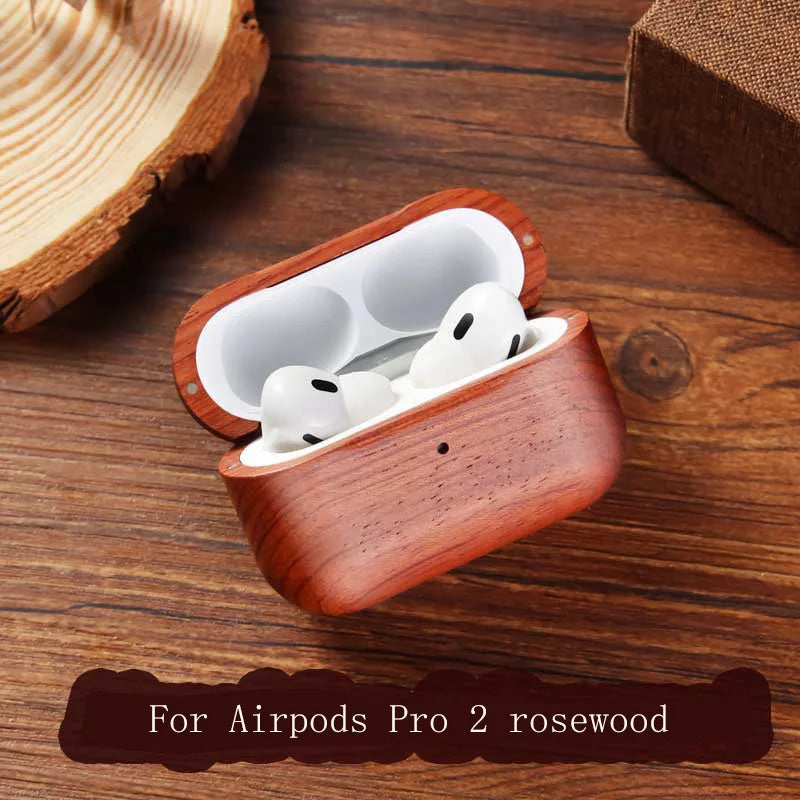 Solid Wood Headphone Case For Airpods 1 2 3 4 Pro 2 Wrieless Bluetooth Earphone Protective Cover with Lanyard Headphone Bag
