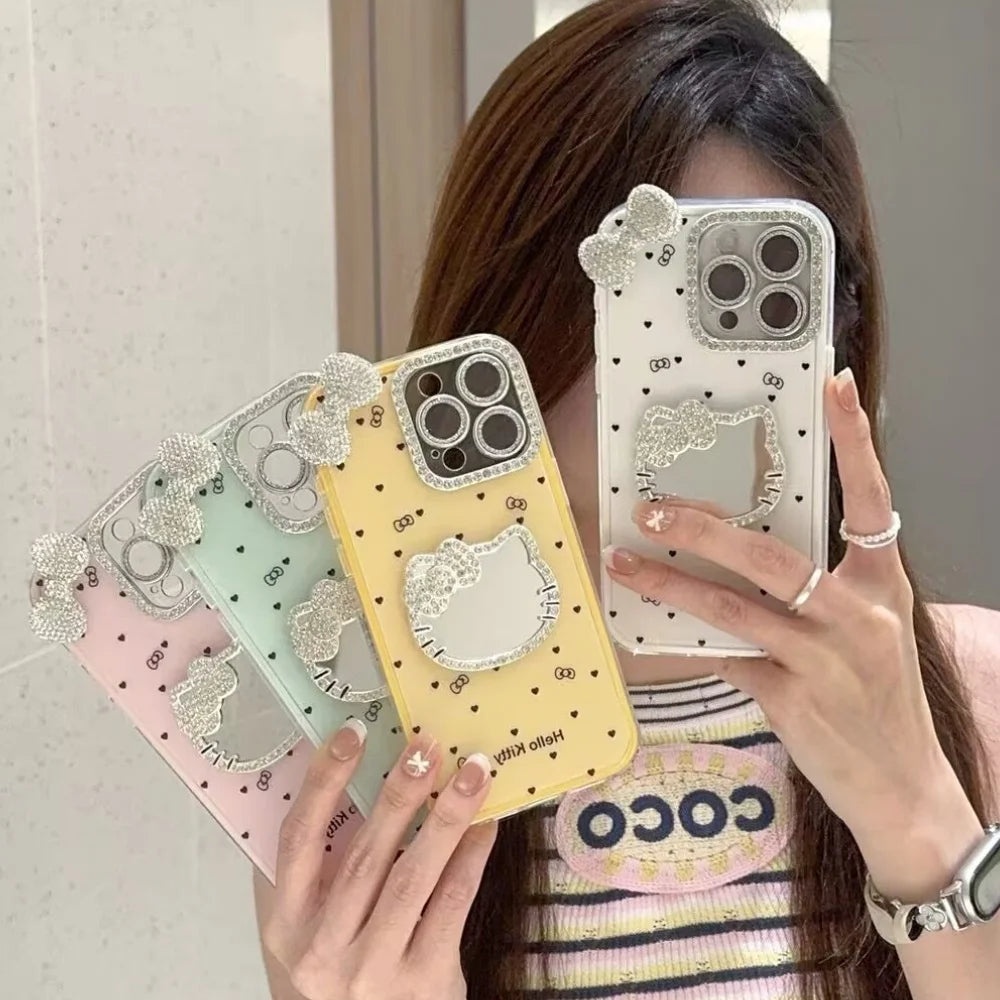 Hellokitty Make up Mirror 3D Bow Case For iPhone 16 Pro Max 15 Cute Glitter Diamond Cover For iPhone 14 Pro 13 12 11 Bling Case