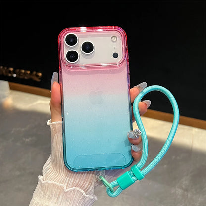 Gradient Colorful Transparent Phone Case For iPhone 17 16 15 14 13 12 Pro Max Plus Shockproof TPU Back Cover With Wrist Strap