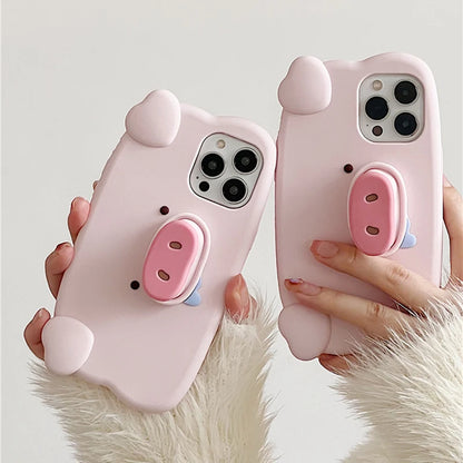 Fun 3D Pink Saliva Pig Nose Invisible Bracket Case For iPhone 13 14 12 11 15 Pro Max Cute Creative Holder Stand Shockproof Cover