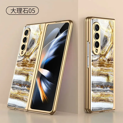Luxury Plating Frame Case For Samsung Galaxy Z Fold 4 5G Painted Pattern Tempered Glass Hard Cover For Galaxy Z Fold5 4 3 Case