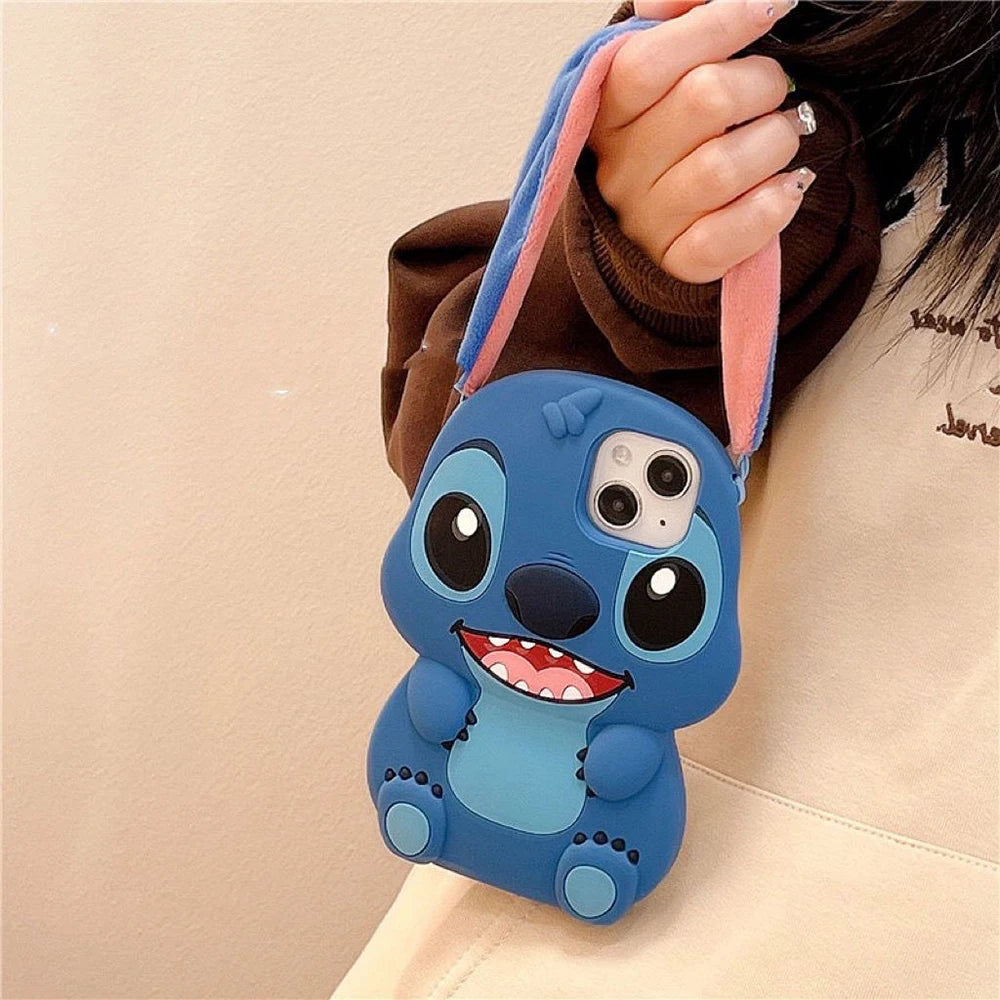 For iPhone 15 Pro Max 11 12 Pro Max 14 Pro 14 Plus 13 16 Kawaii Sit Stitch Big Ear Button Strap Cartoon Silicon Soft Phone Case