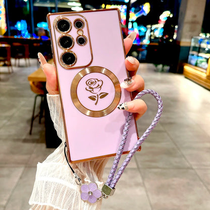 Plating Soft TPU Rose Case For Samsung Galaxy S25 S24 S23 S22 S21 Ultra Plus S25Ultra For Magsafe Charge Cover &Lanyard Bracelet