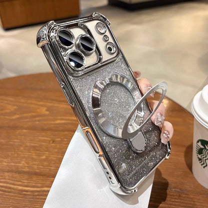 for Magsafe Glitter Bracket Plating Case for iPhone 17 16 15 Pro Max 14 Plus 11 12 13 Air Ring Holder Bling Airbag Bumper Cover