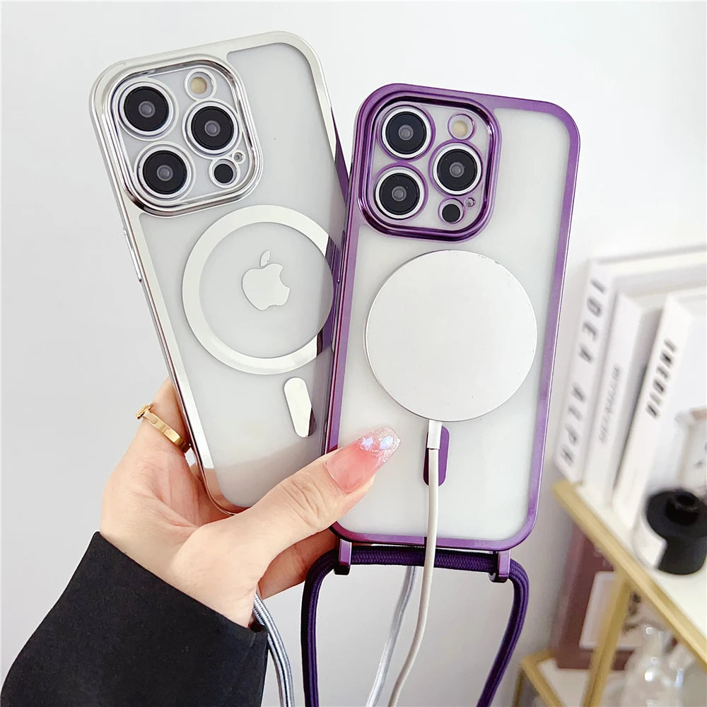 Luxury Necklace Cord Rope Lanyard Plating Magnetic Clear Phone Case For iPhone 16 14 11 12 13 15 Pro Max For Magsafe Soft Coverd