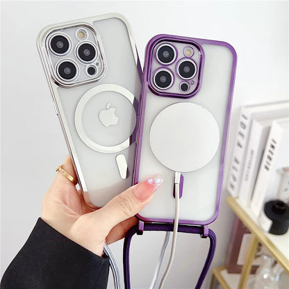 Luxury Necklace Cord Rope Lanyard Plating Magnetic Clear Phone Case For iPhone 16 14 11 12 13 15 Pro Max For Magsafe Soft Coverd