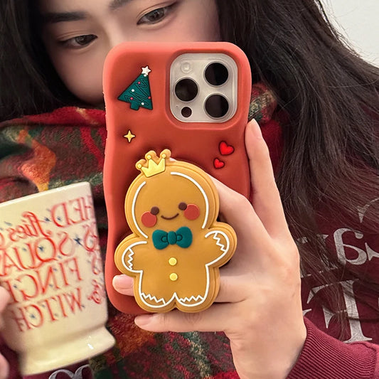 Red Christmas Gingerbread Man Folding Bracket Case For iPhone 11 12 13 15 16 17 Pro Max Soft Silicone 3D Holder Back Cover