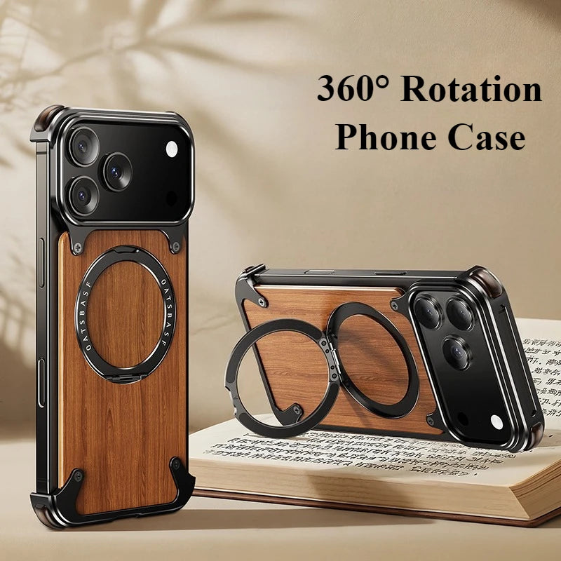 Oatsbasf Solid Wooden Phone Case for iPhone 17 Pro/Pro Max/17 Air with 360° Rotating Ring Stand Magnetic Shockproof Protective