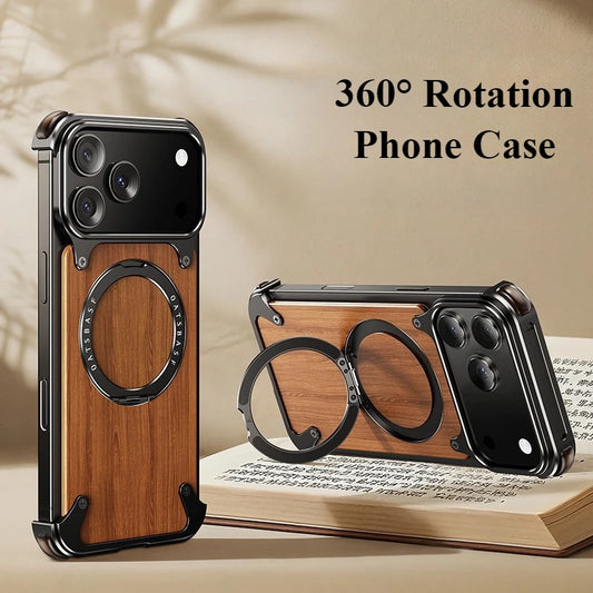 Oatsbasf Solid Wooden Phone Case for iPhone 17 Pro/Pro Max/17 Air with 360° Rotating Ring Stand Magnetic Shockproof Protective