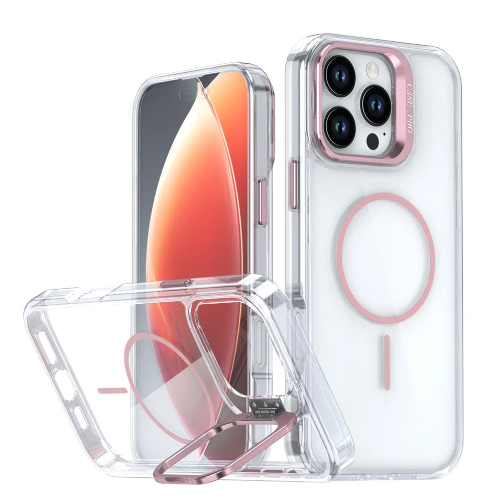 Original For Magsafe Invisible Lens Stand Holder Phone Case For iPhone 14 15 16 17 Pro Max Plus 16E 13 12 11 Clear Acrylic Cover