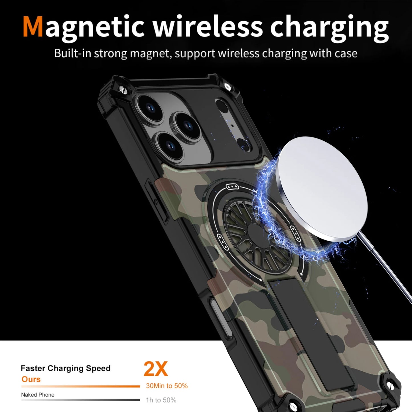 Camouflage Army Green Carbon Magnetic Phone Case Stand For Magsafe iPhone 16 15 PM 14 Plus 13 12 Pro Max 11 16e Protection Cover
