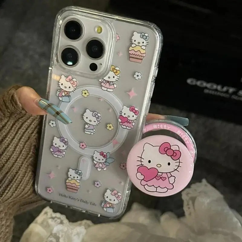 Cute Hello Kitty Magnetic Grip Holder Magsafe Wireless Charge Phone Chain Case For iPhone 16 15 12 Pro Max 14 Plus 13 Mini Cover