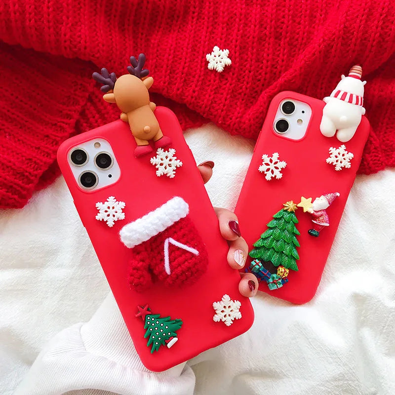 3D Santa Claus Christmas Tree Gloves Case For iPhone 16 13 12 15 14 Pro Max 13 12 Mini 14 16 15 Pro 16E SE4 Snowflake Elk Cover