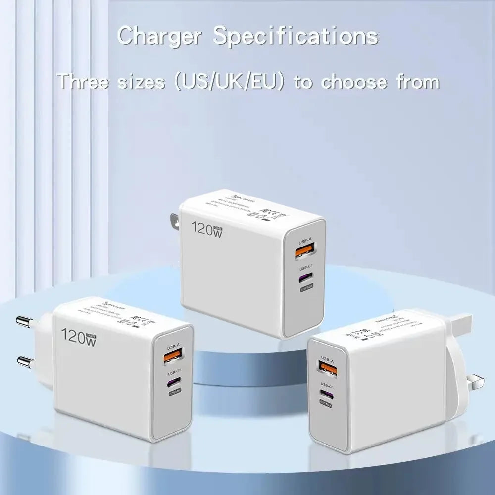 Total 120W USB Charger Type C Fast Charging Wall Charger Adapter EU/US Plug Travel Charger For iPhone 15 Samsung  Xiaomi Huawei