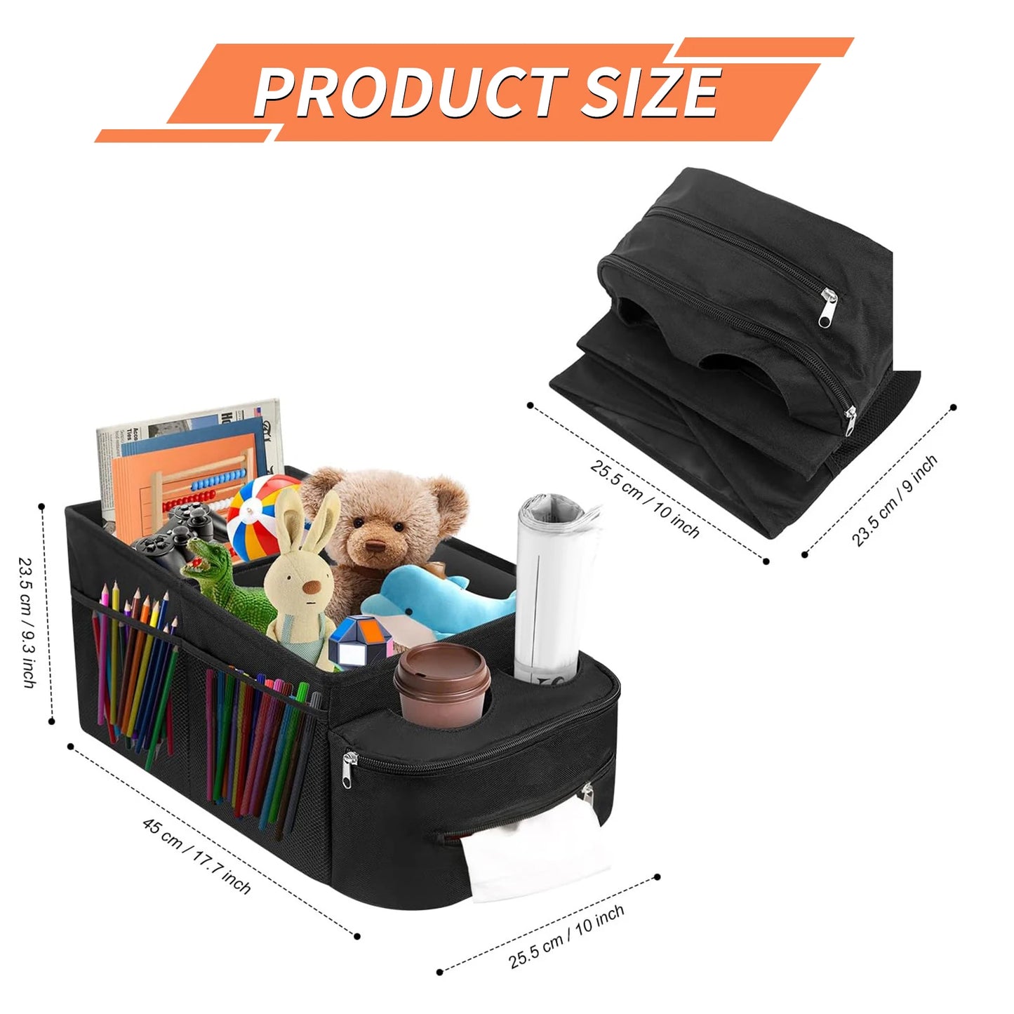 Car Seat Organizer Foldable Backseat Storage Bag with Handle Nonslip Passenger Seat Organizer with 2 Cup Holders for Cars Vans