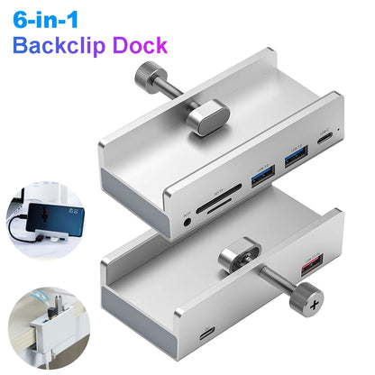 6-IN-1 Black Clip Dock 5Gbps USB 3.0 HUB Aluminum Alloy External Multi USB Splitter Adapter for Laptop Desktop with TF Card Slot