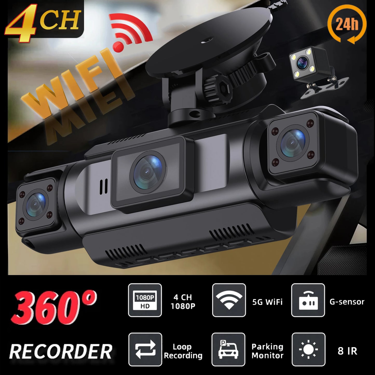 4Ch WiFi Dashcam car camera Black Box Driving DVR FHD 1080P Front Left Right Rear Night Vision Loop Recording Hardwire kit